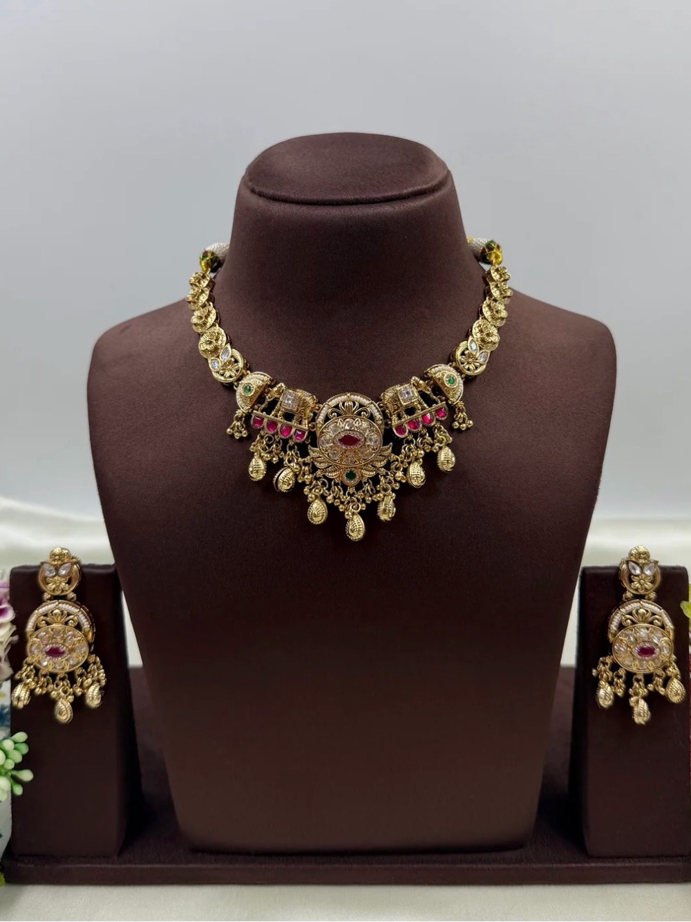 Gold-Tone Pink & Green Stone Traditional Necklace Set